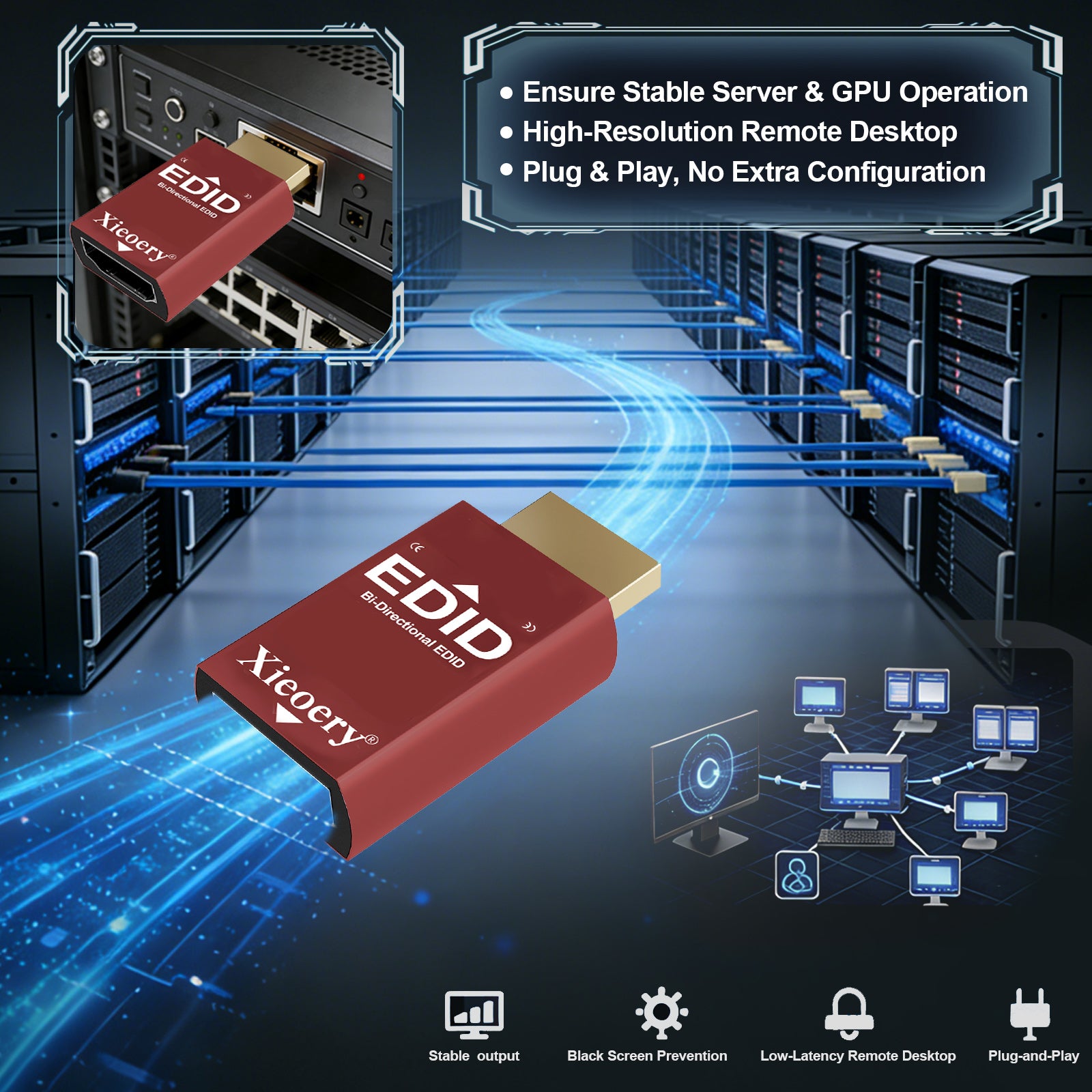 HDMI EDID Emulator Dummy Plug, 1080P 60Hz RGB Default HDMI Display Adapter, Multi-Resolution High Refresh Support up to 144Hz, for Headless Servers & Remote Desktop