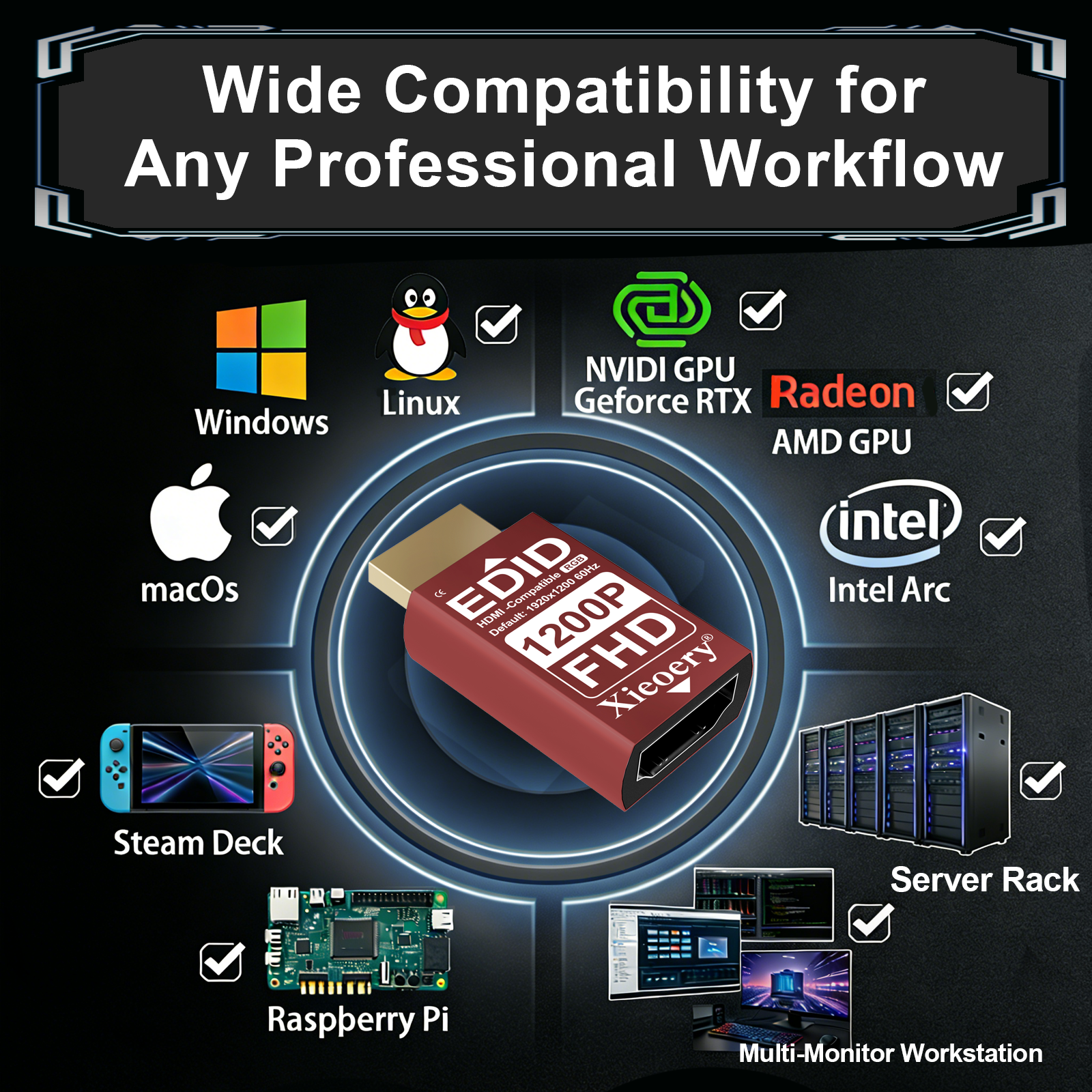 HDMI EDID Emulator Dummy Plug, 1920×1200 HDMI Display Adapter for Headless Servers & Industrial PCs, Stable EDID Emulation, Multi-Resolution Support up to 1920×1200@60Hz