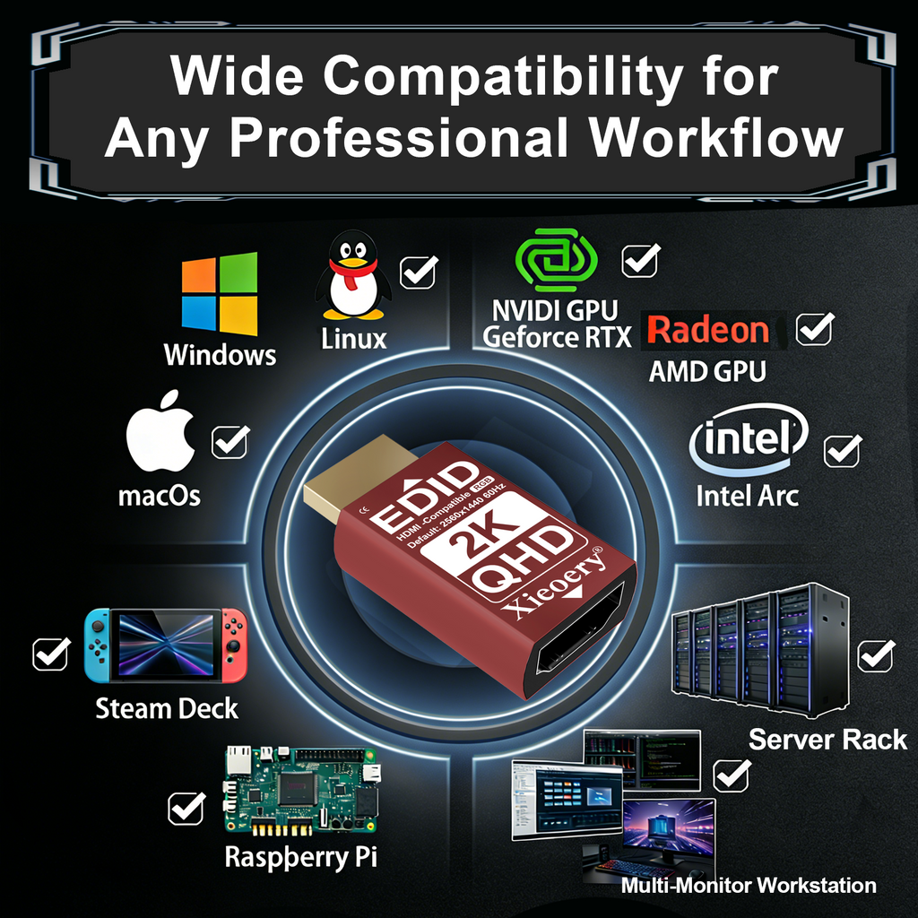 HDMI EDID Emulator Dummy Plug, 2K QHD HDMI Display Adapter for Headless Servers & Remote Desktop, Stable EDID Emulation, Multi-Resolution Support up to 2560×1440@60Hz