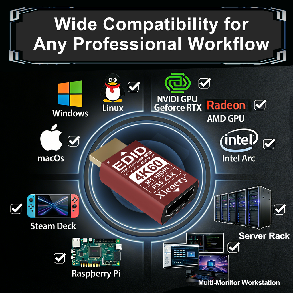 4K HDMI EDID Emulator Dummy Plug, UHD HDMI Display Adapter with Default 3840×2160@60Hz, Stable EDID Emulation, Multi-Resolution Support for Headless Servers & Remote Deskto