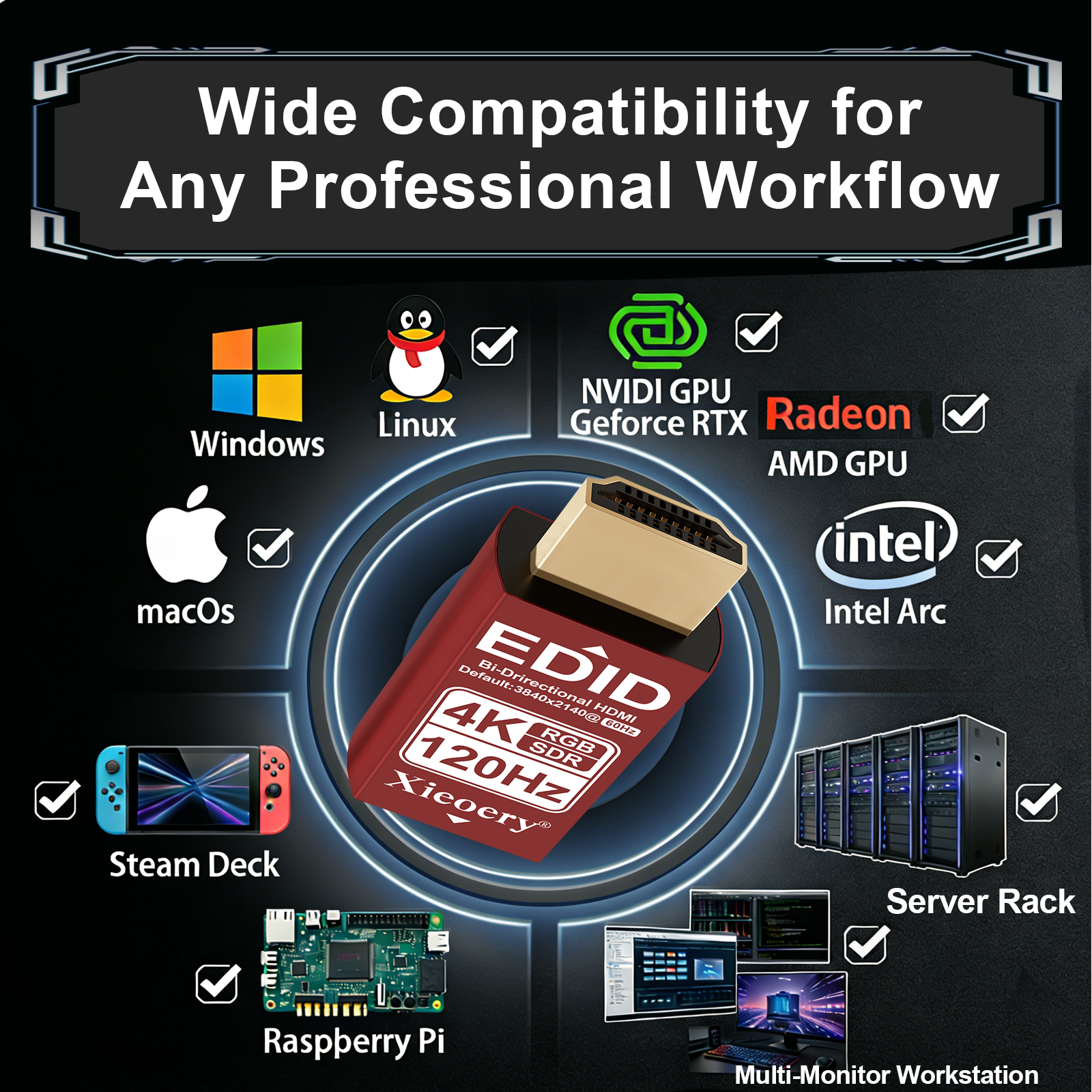 Xieoery HDMI EDID Emulator 4K 120Hz, HDMI Dummy Plug with YCbCr 4:2:0 Support, Default 3840×2160@60-120Hz Virtual Display for Headless PCs, GPU Servers & Remote Desktop