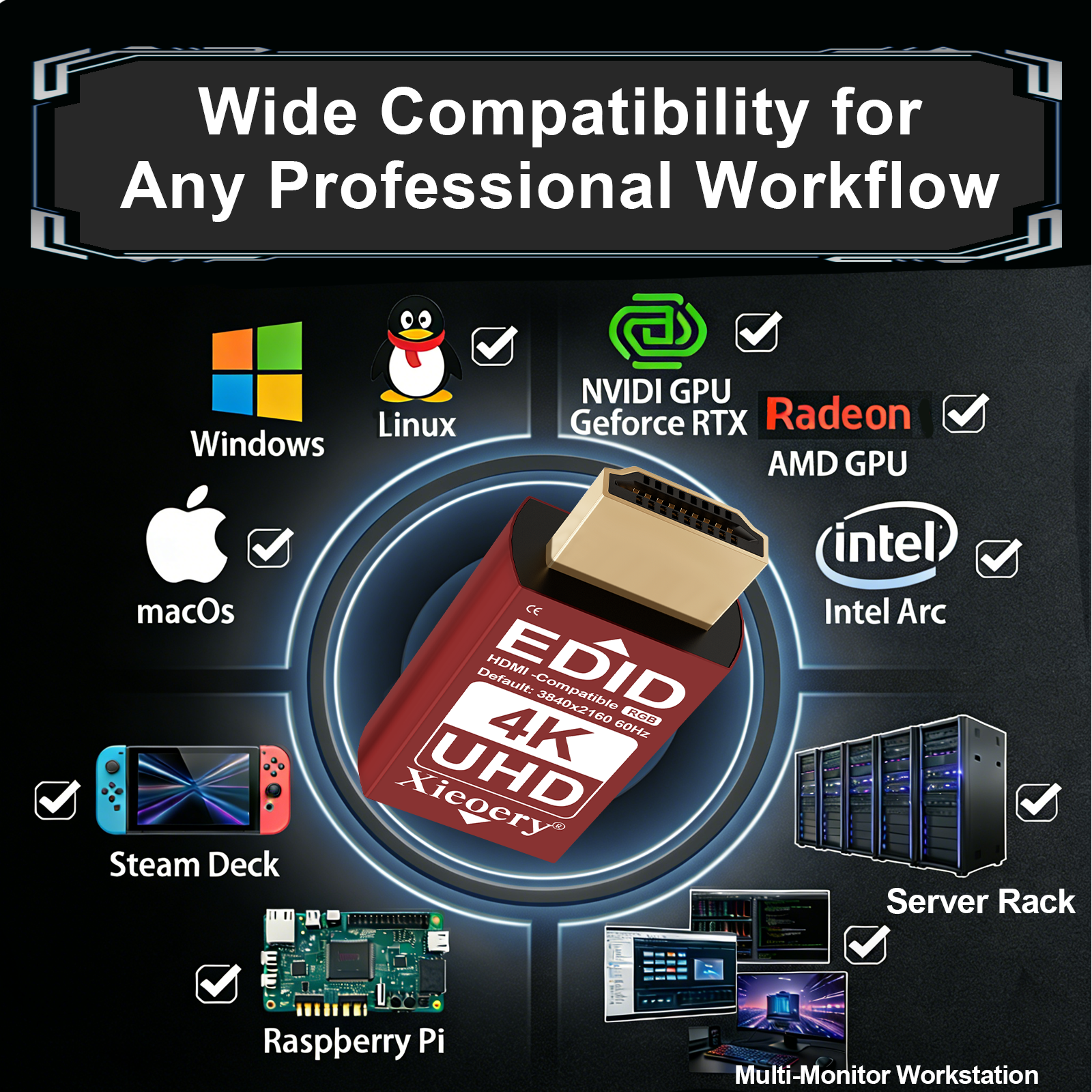 Xieoery HDMI EDID Emulator 4K UHD, HDMI Dummy Plug with YCbCr 4:2:0 Support, Default 3840×2160@60Hz Virtual Display for Stable 4K HDMI Output in Headless Systems