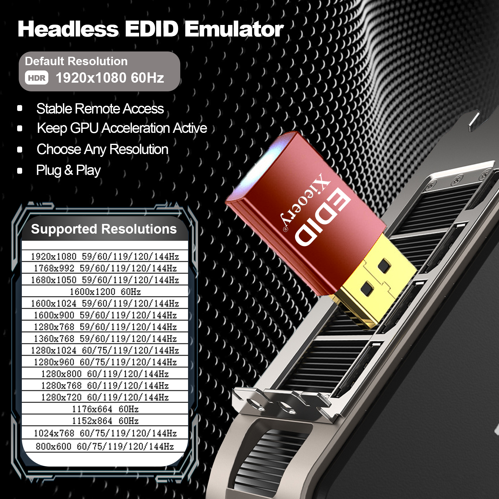 Xieoery HDMI EDID Emulator 1080P 144Hz HDR, Bi-Directional HDMI Dummy Plug, Default 1920×1080@60Hz Virtual Display for Headless PCs, Gaming & Remote Desktop