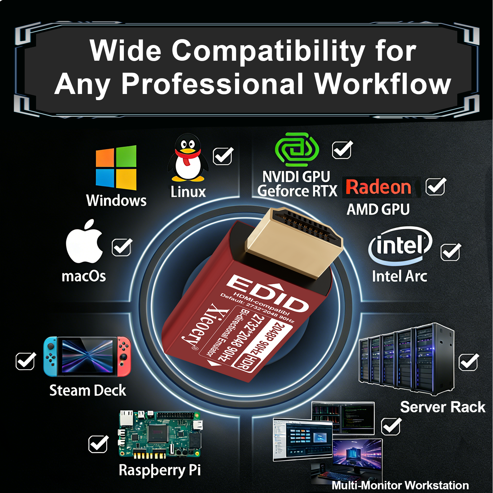 Xieoery HDMI EDID Emulator 2732×2049 HDR, HDMI Dummy Plug with Retina-Style Resolution, Default 2732×2049@60Hz Virtual Display for Headless PCs & Precision UI Workflows