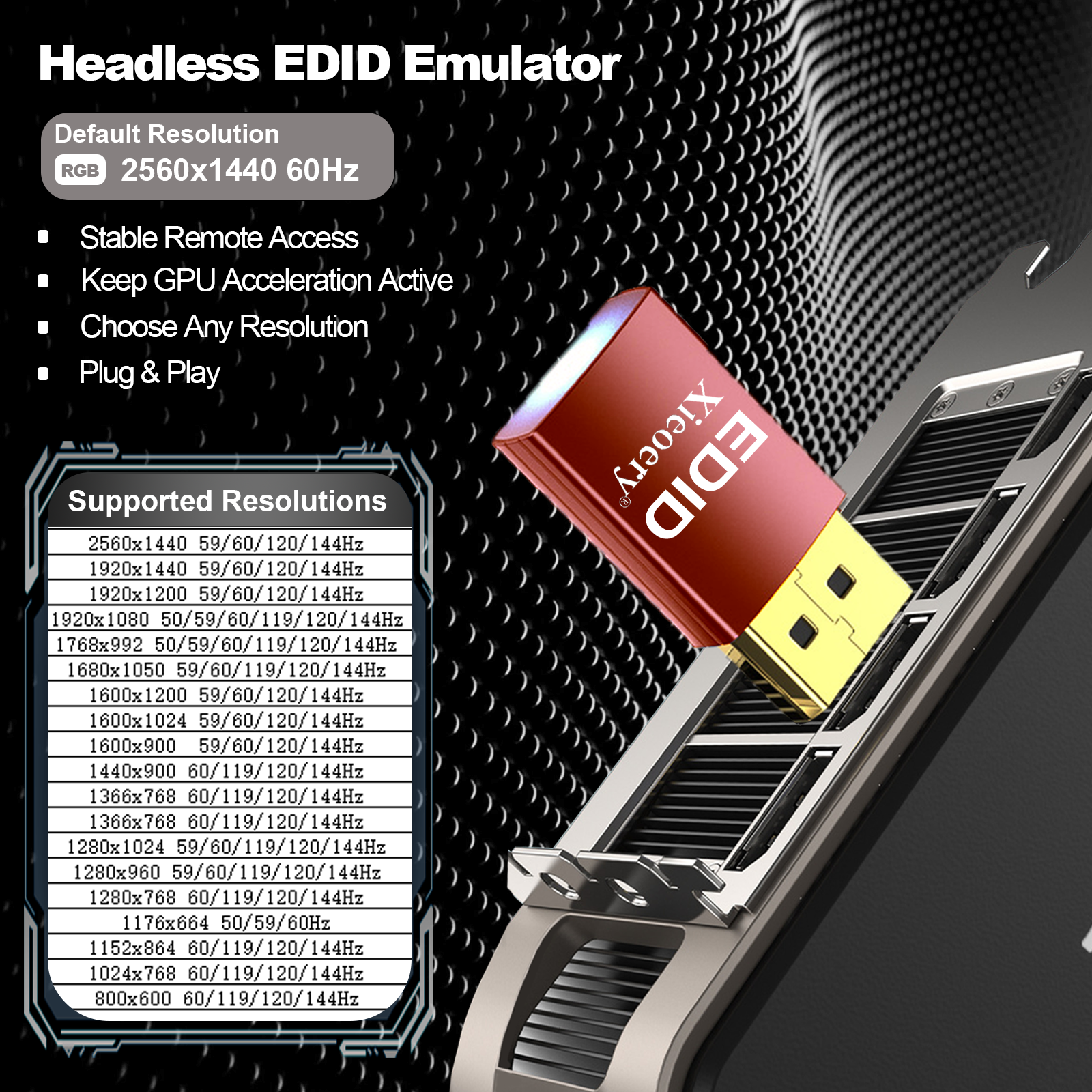 Xieoery HDMI EDID Emulator 2K 1440P 144Hz RGB, Bi-Directional HDMI Dummy Plug, Default 2560×1440@60Hz Virtual Display for Headless PCs, Gaming Servers & High-FPS Workflows