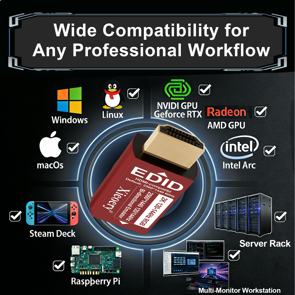Xieoery HDMI EDID Emulator 2K 1440P 144Hz RGB, Bi-Directional HDMI Dummy Plug, Default 2560×1440@60Hz Virtual Display for Headless PCs, Gaming Servers & High-FPS Workflows