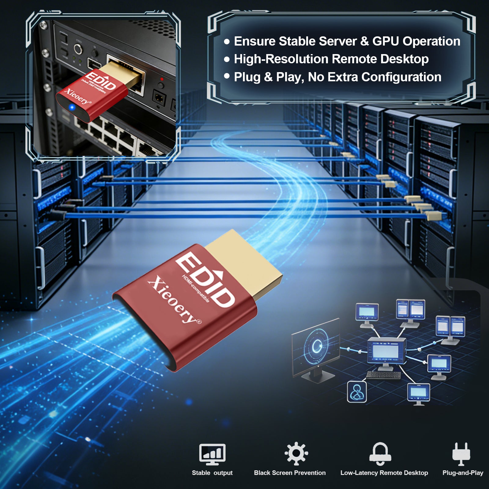 Xieoery 2K QHD HDMI EDID Emulator 2560×1440 60Hz Default, Dummy HDMI Plug for Remote Desktop, Headless Servers, GPU Rigs, Industrial PCs, Stable Display