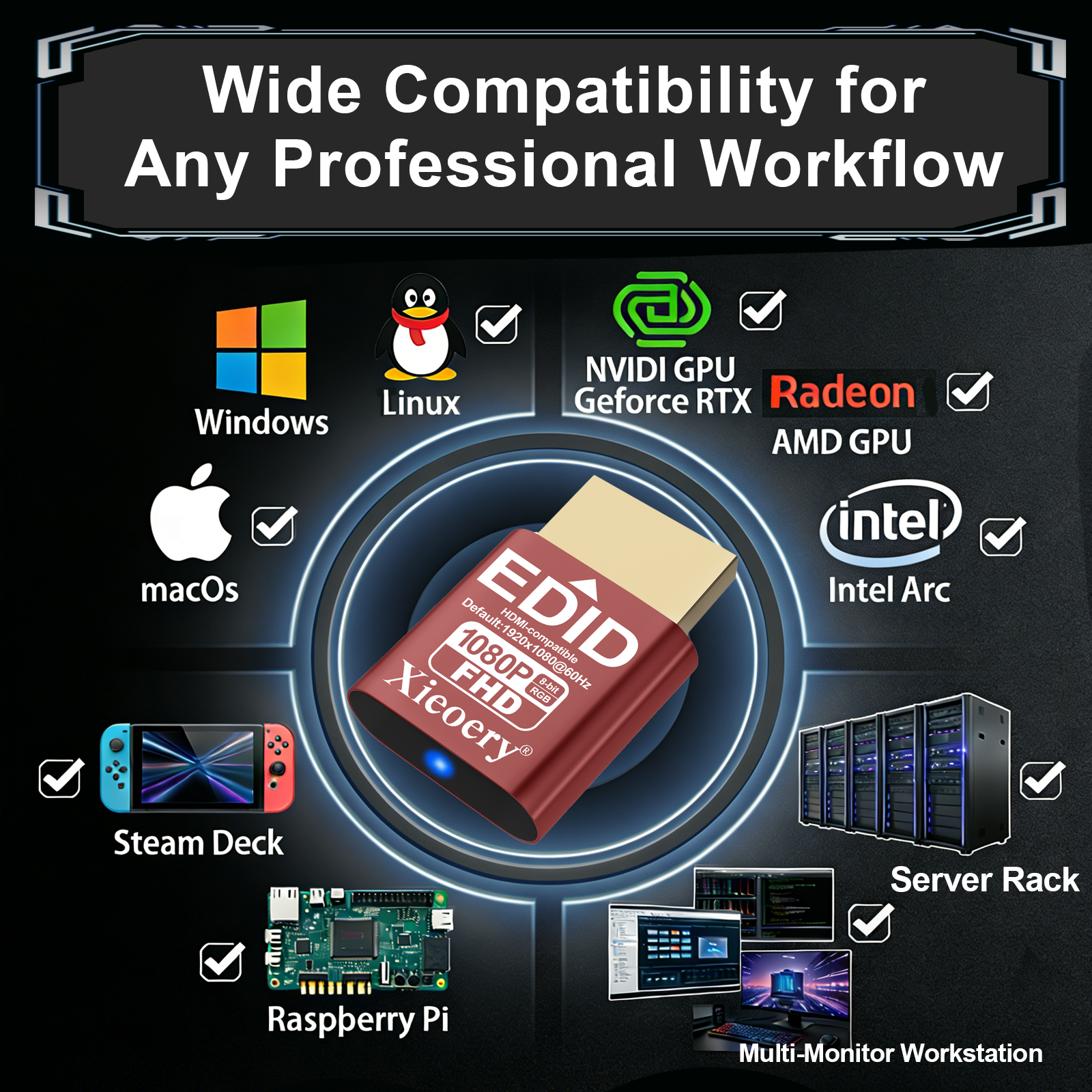 Xieoery HDMI EDID Emulator 1080P 60Hz RGB, FHD Dummy HDMI Plug for Remote Desktop, Headless Servers, GPU Rigs, Industrial PCs, Stable Display Output & Multi-Resolution EDID Support 1920×1080–800×600