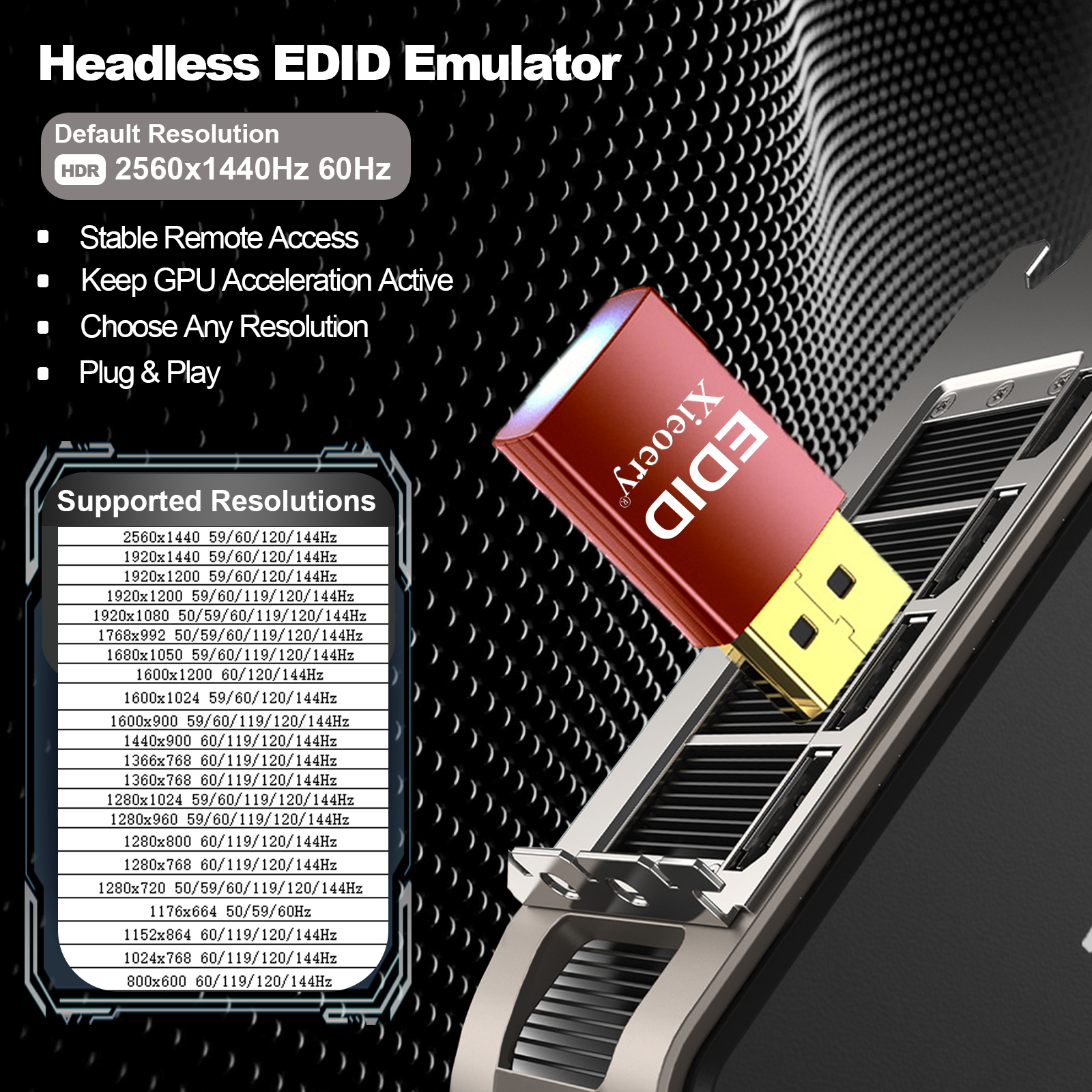 Xieoery 2K Headless HDMI Dummy Plug with HDR, 2560×1440 EDID Emulator, 60–144Hz Virtual Display Adapter for Headless PCs, GPU Servers & Remote Desktop