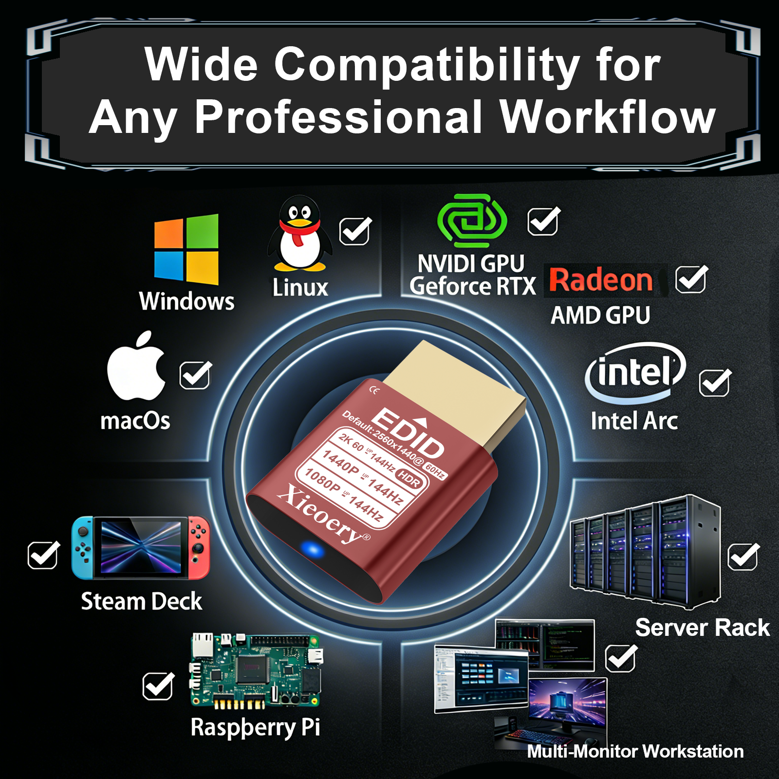 Xieoery 2K Headless HDMI Dummy Plug with HDR, 2560×1440 EDID Emulator, 60–144Hz Virtual Display Adapter for Headless PCs, GPU Servers & Remote Desktop