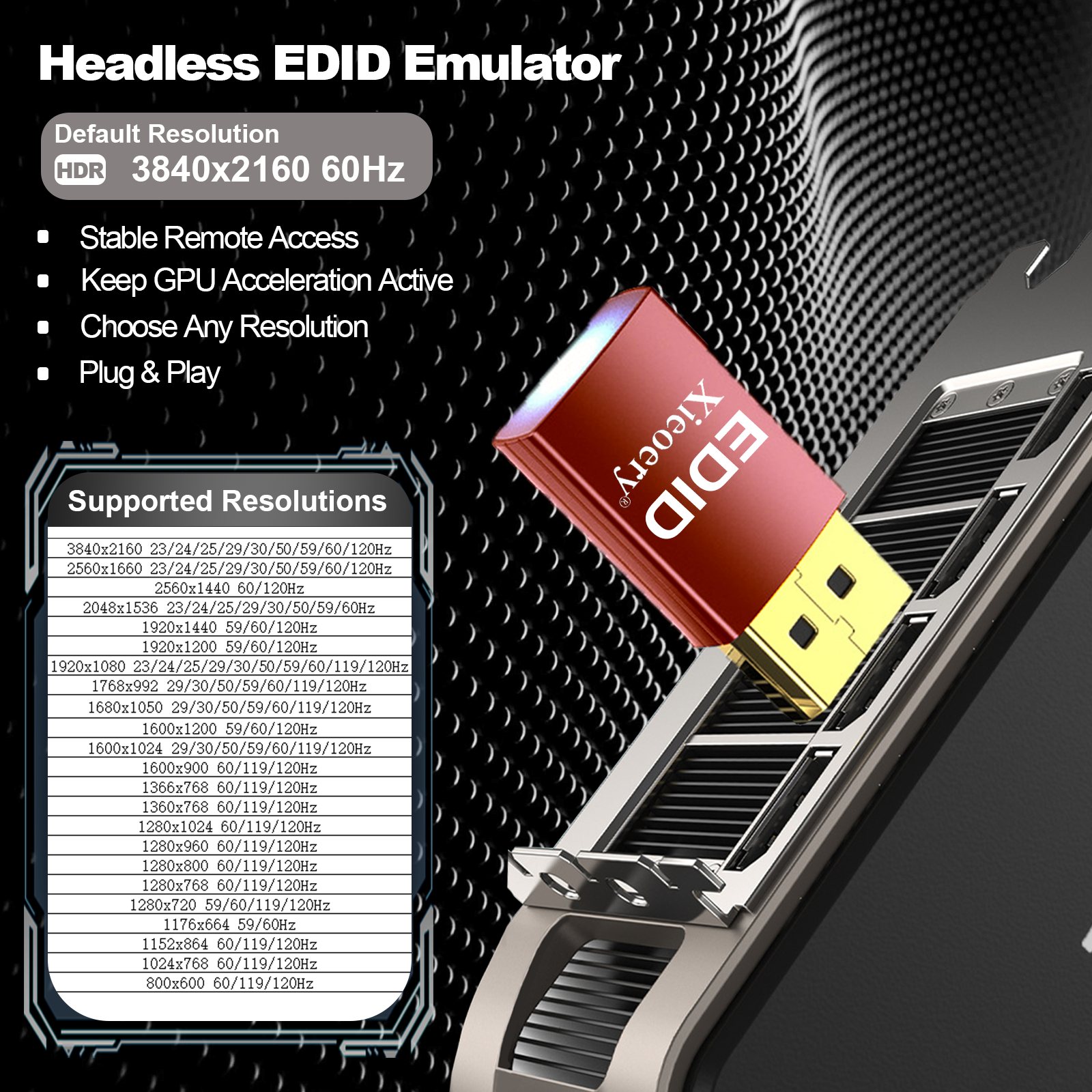Xieoery HDMI 2.1 4K HDR EDID Emulator, 12-Bit Deep Color Dummy Plug with 409 Nits Peak Brightness, Default 3840×2160@60Hz Virtual Display for Headless GPUs & Remote Desktop