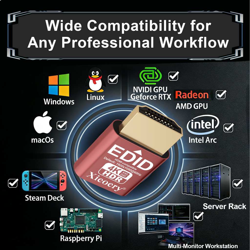 Xieoery HDMI HDR EDID Emulator, Default 1080P 60Hz Dummy Plug, Virtual Display Adapter with HDR Support up to 4K 60Hz for Headless PCs & Remote Desktop